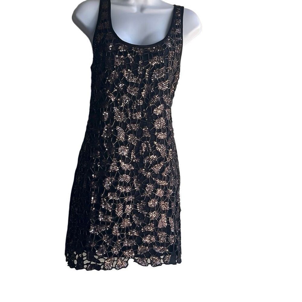 Guess Brown Bronze Metallic Sequin‎ Black Mini Cocktail Party Dress Glam 9 Jrs